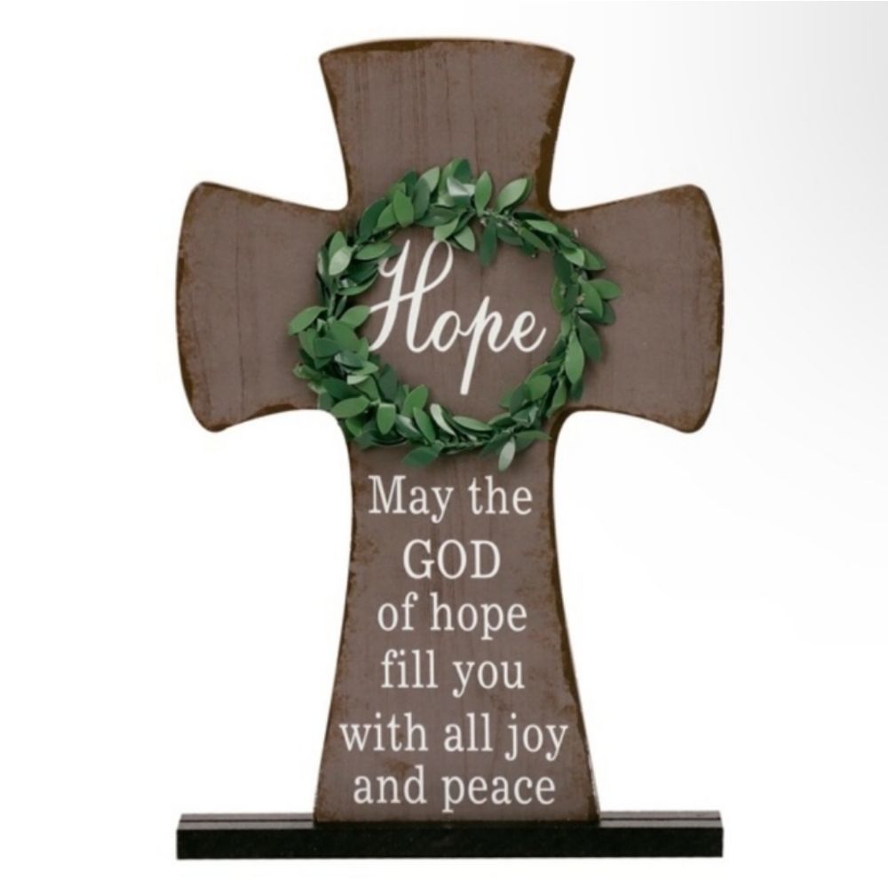 New Gray Rustic Wooden HOPE w/ Wreath Inspirational Cross Table Top Decor Sign - Picture 1 of 4